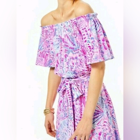 Lilly Pulitzer Size XL Moriah Off-The-Shoulder Midi Dress in Raz Sea You Soon. - Picture 3 of 4